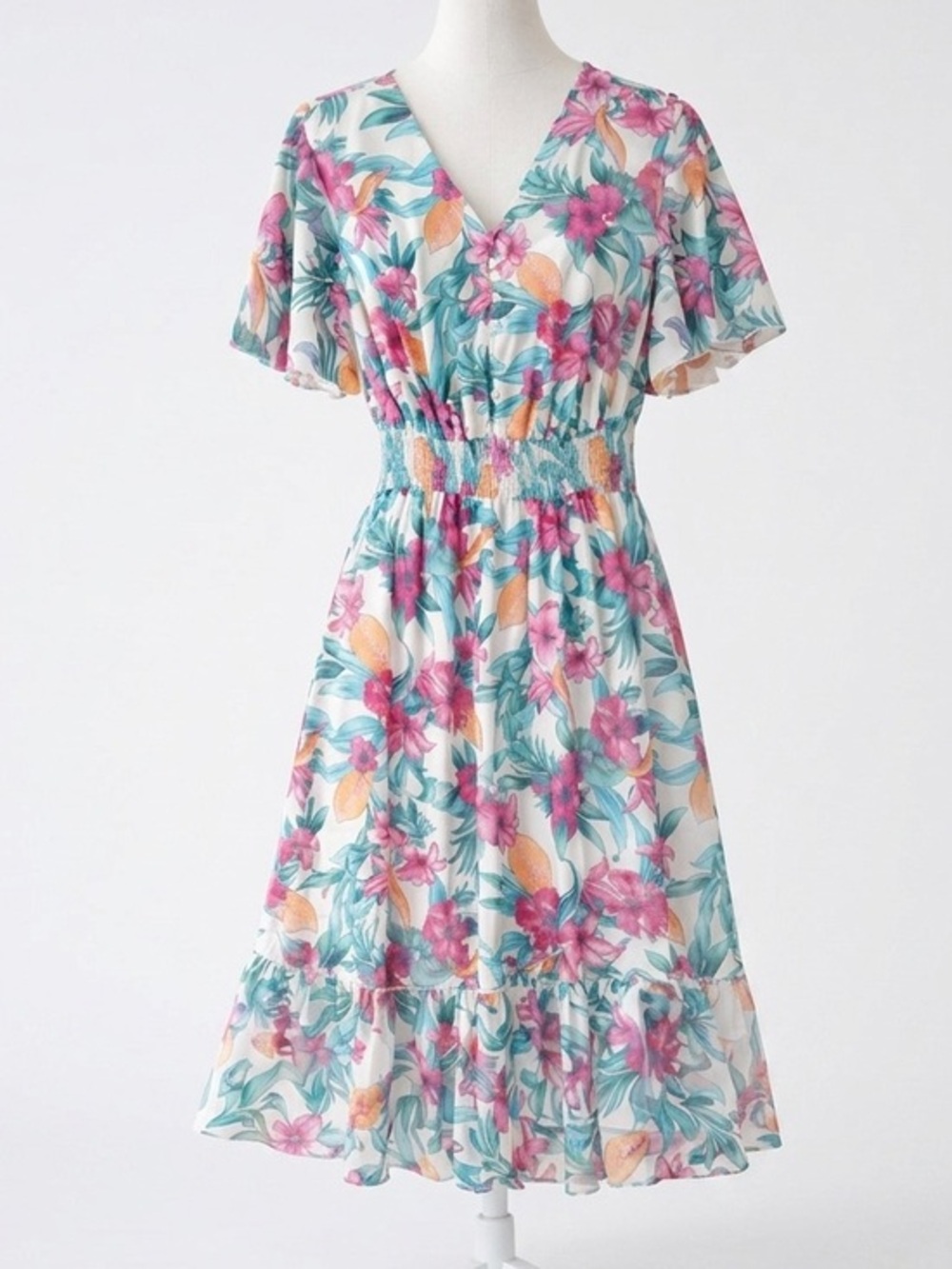 Stella & Julie Tropical Floral Midi Dress Smocked Waist Flutter Sleeve Sz 8